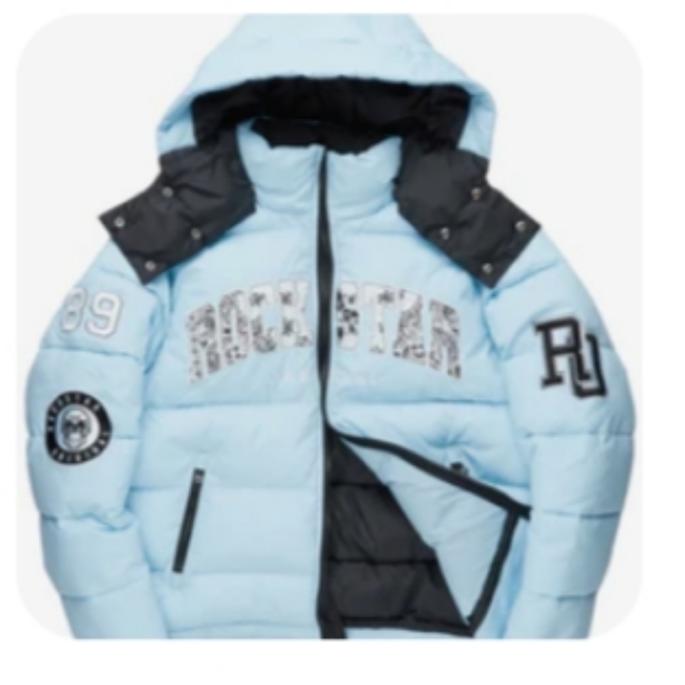 Blue Puffer Jacket with Quilted Design and Full-Length Zipper